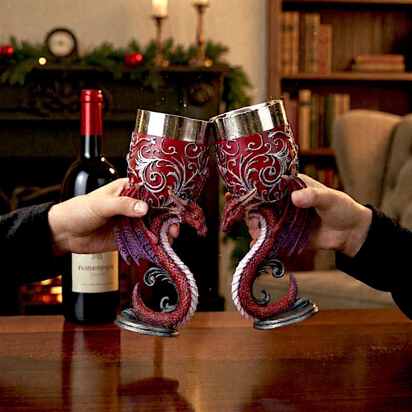 Dragons Goblet Set Twin Heart Chalices Gothic Decor Fantasy Cup Wedding Gift