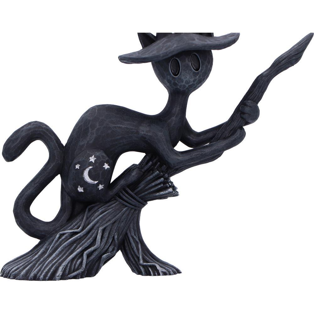 Bewitch Spell Cat Figurine Flying Wiccan kitty Broomstick Fantasy Halloween Altar