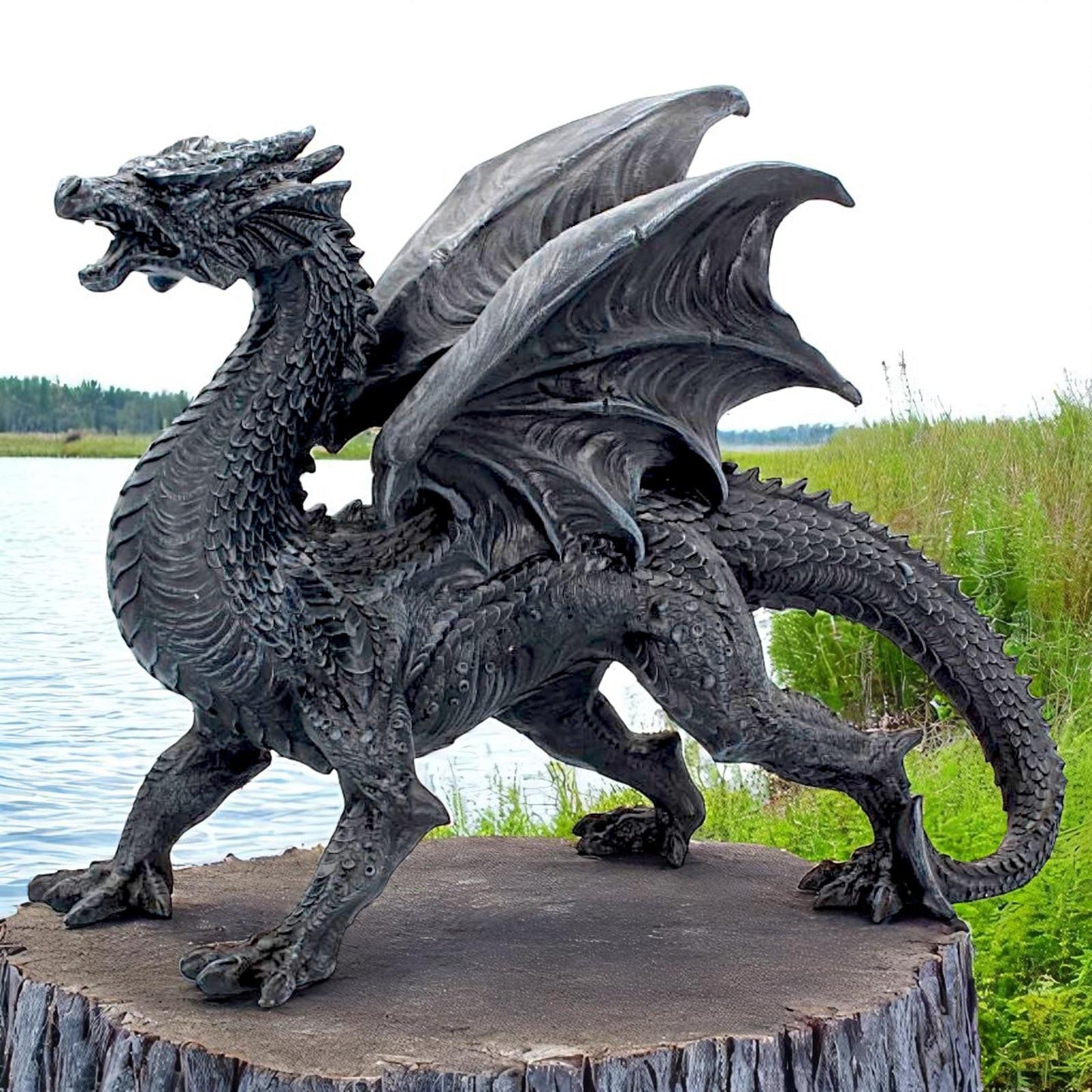 Dragon Watcher Obsidian Statue Dark Fantasy Decor Gothic Collectible Figurine Art