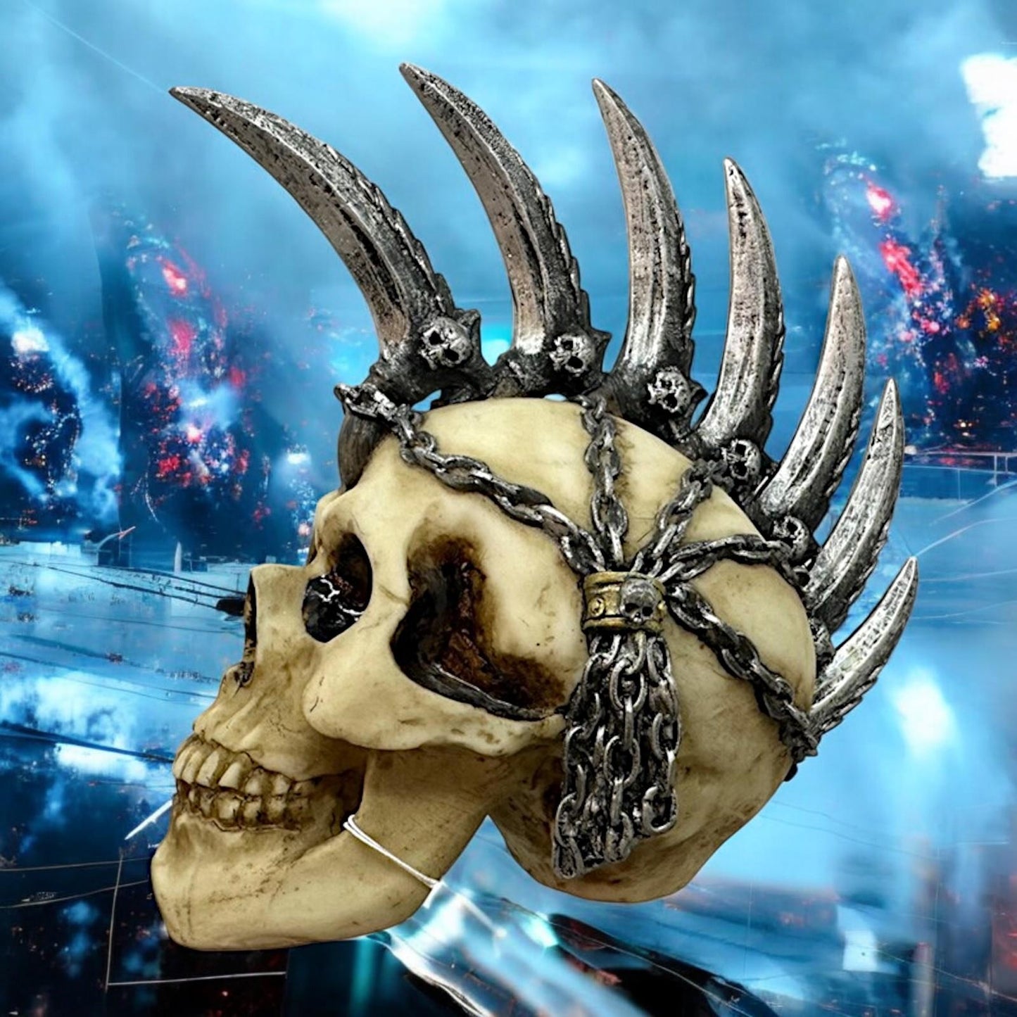 Gothic Skull Figurine with Blade Mohawk - Resin Skeleton Ornament Fantasy Decor