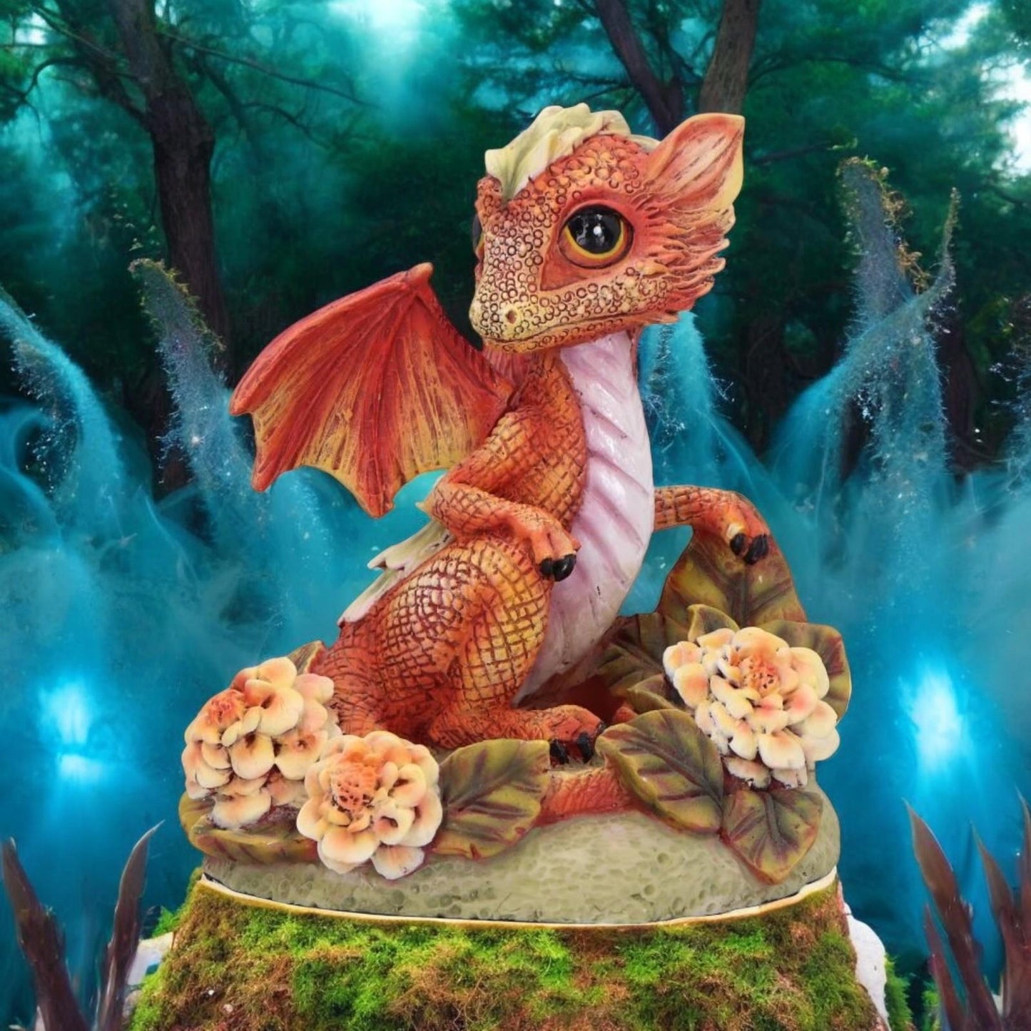 Baby Dragon Fantasy Statue Orange Mythical Creature Figurine Floral Resin Collectible