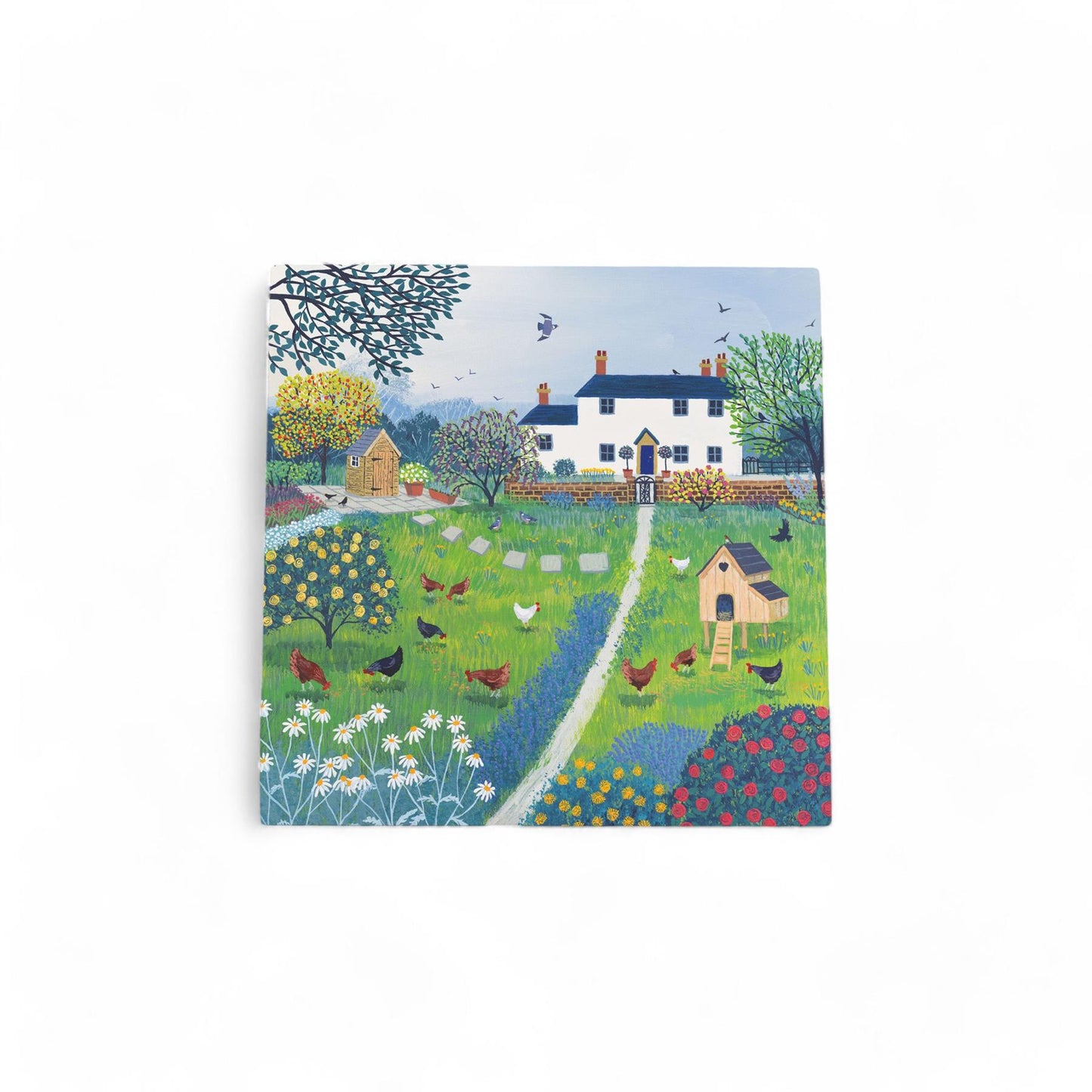 The Hen House" Ceramic Art Tile by Jo Grundy 20x20 cm | Ready to Hang | Boxed