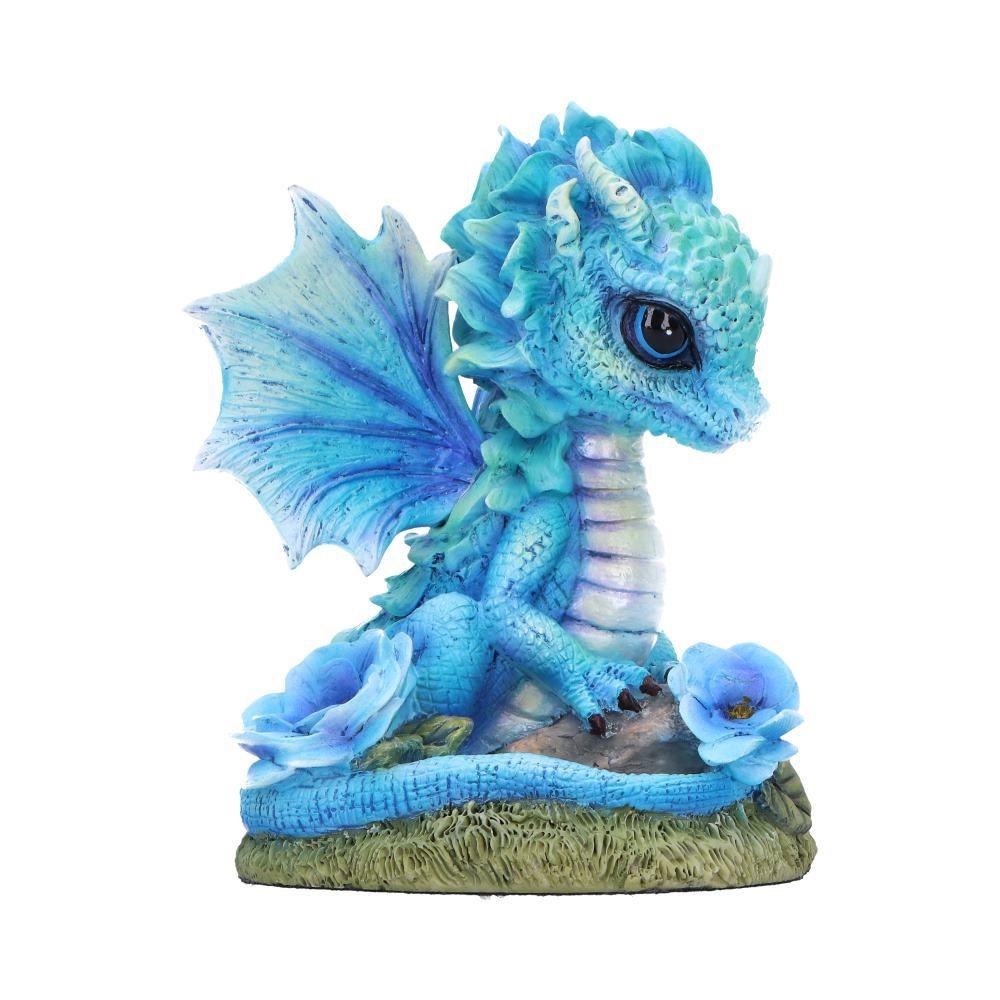 Blue Baby Dragon Figurine 11cm – Fantasy Resin Ornament with Rose & Glitter Wings