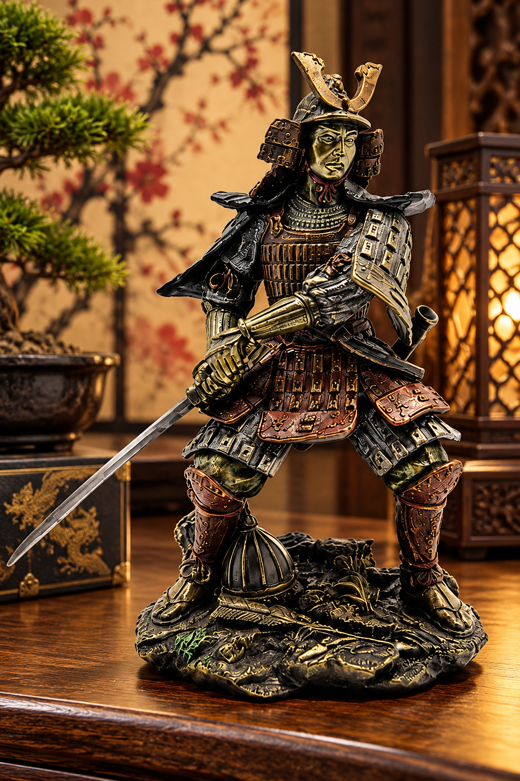Samurai Warrior Figurine Japanese Soldier Statue Bronze Effect Oriental Decor