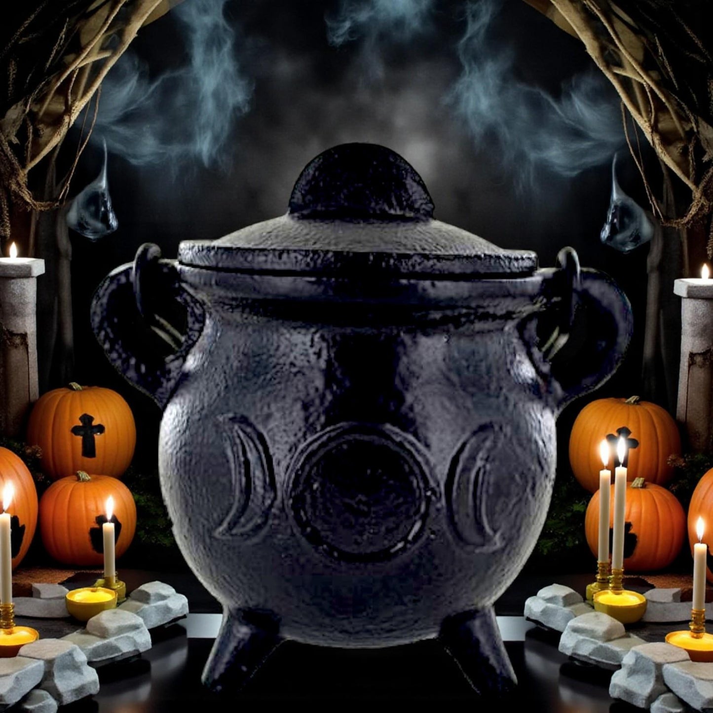 Cast Iron Triple Moon Cauldron Wiccan Altar Tool Pagan Witchcraft Ritual Burner