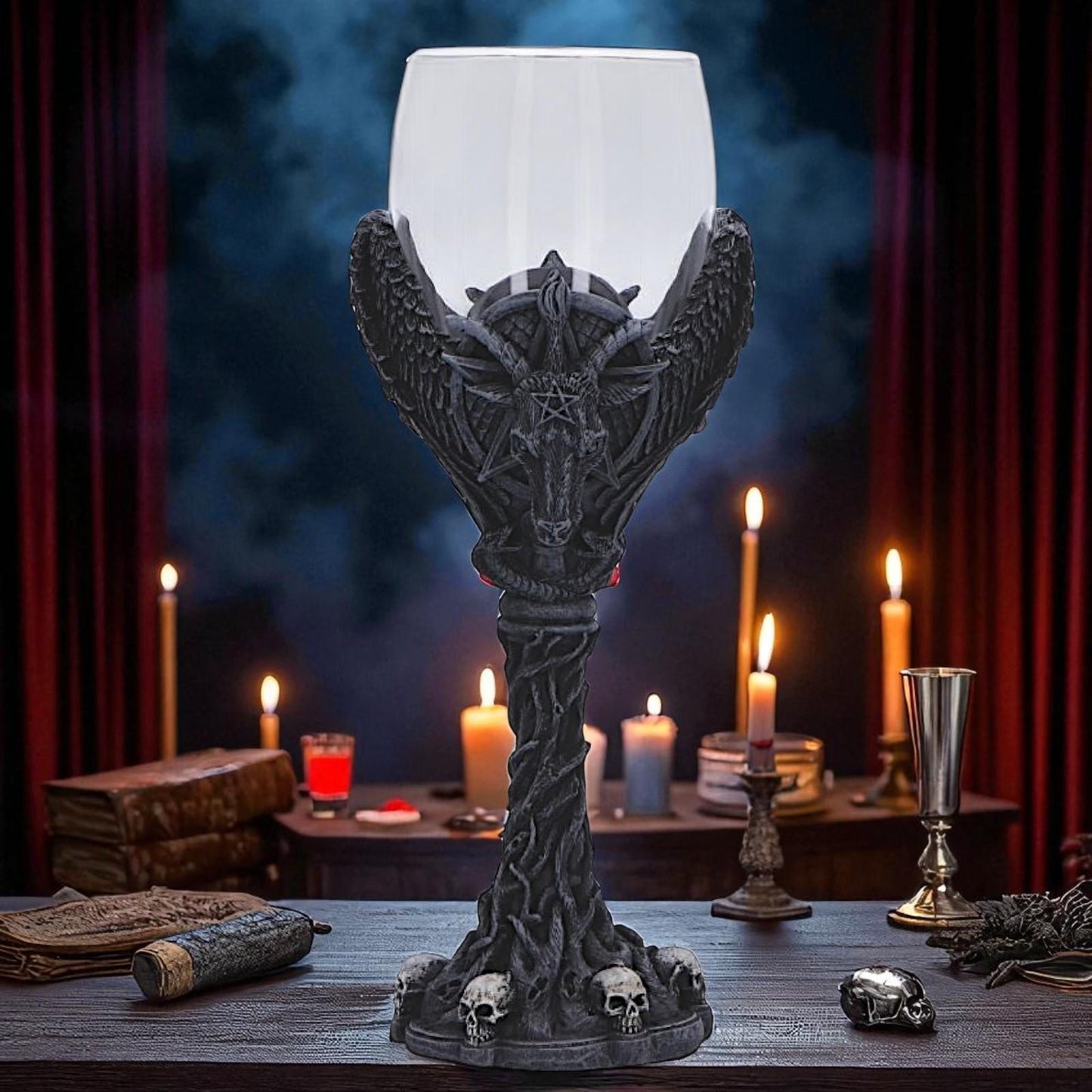 Dark Gothic Baphomet Goblet  Occult Chalice Wine Vasal with Pentagram & Skulls