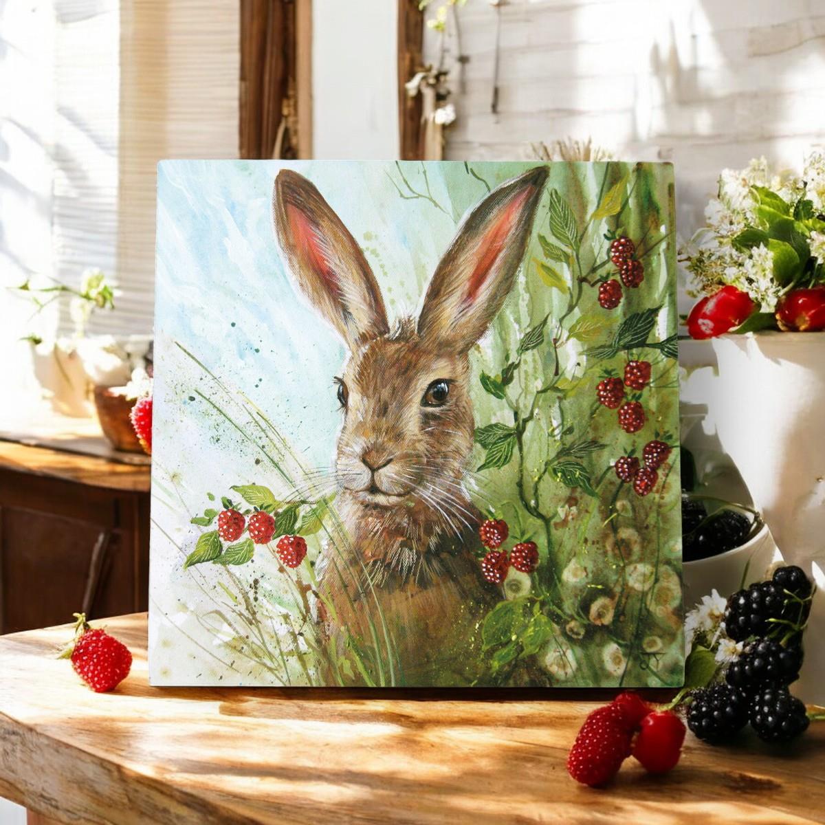 BLACKBERRY HARE Ceramic Art Tile by Judith Yates 20x20 cm | Wall-Ready Decor | Exquisite Gift in Box"