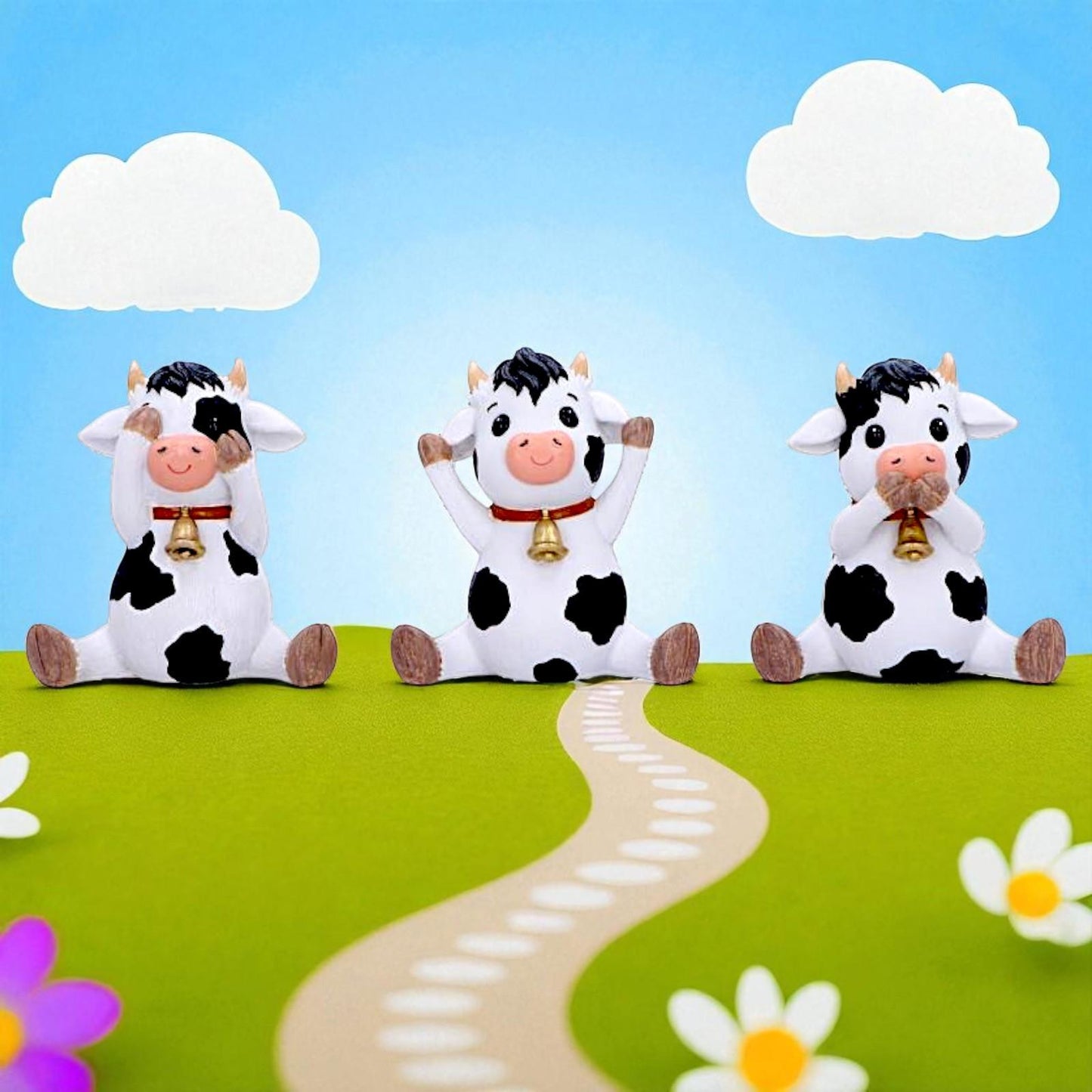 Three Wise Cows Figurine Set See No Hear No Speak No Evil Farm Yard Ornaments