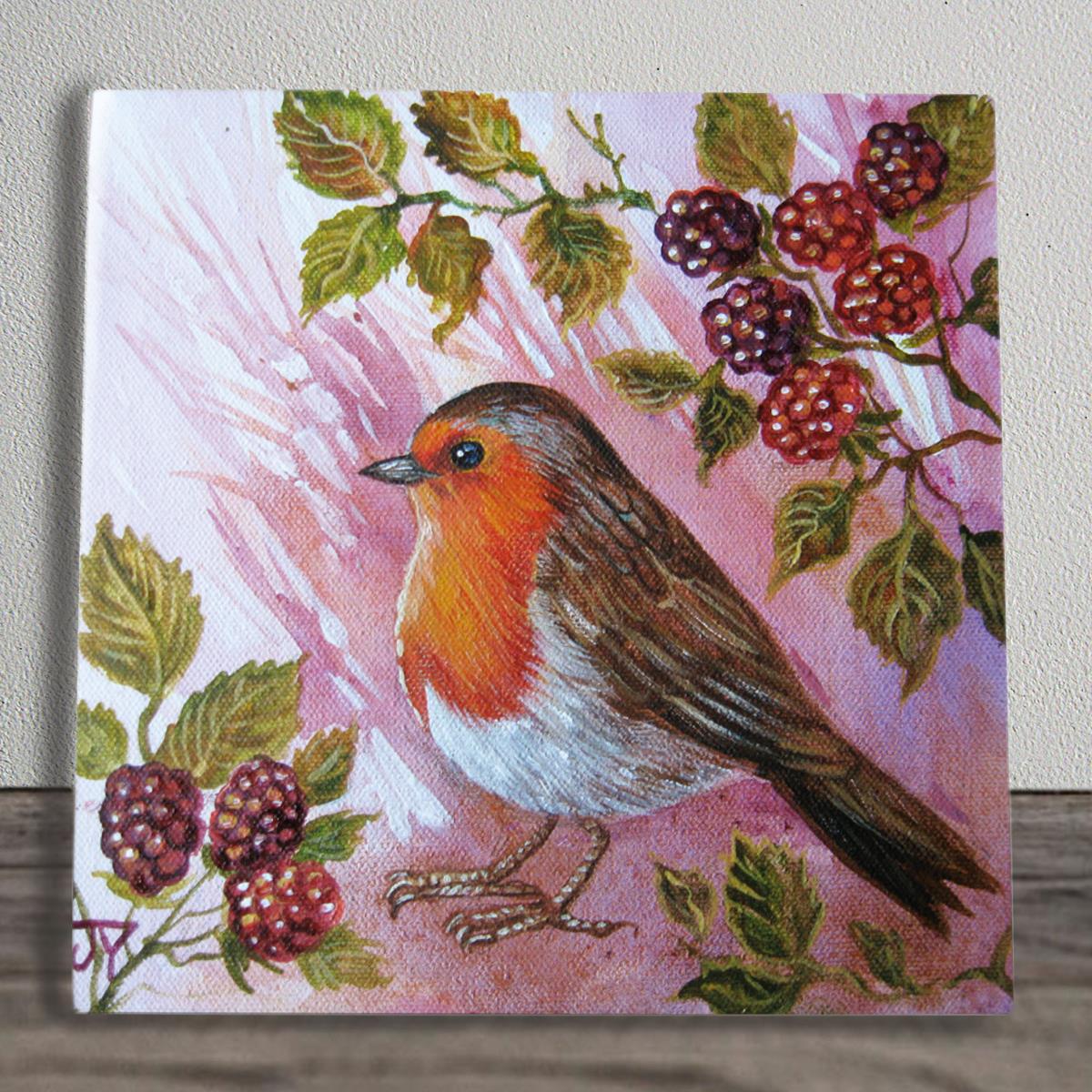 HEDGEROW ROBIN Ceramic Art Tile by Judith Yates 20x20 cm – Decorative Wall Hanging Tile