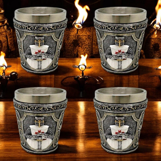 Set of 4 Knight Templar Shot Glasses - Medieval Gothic Decor Drinkware Resin Steel