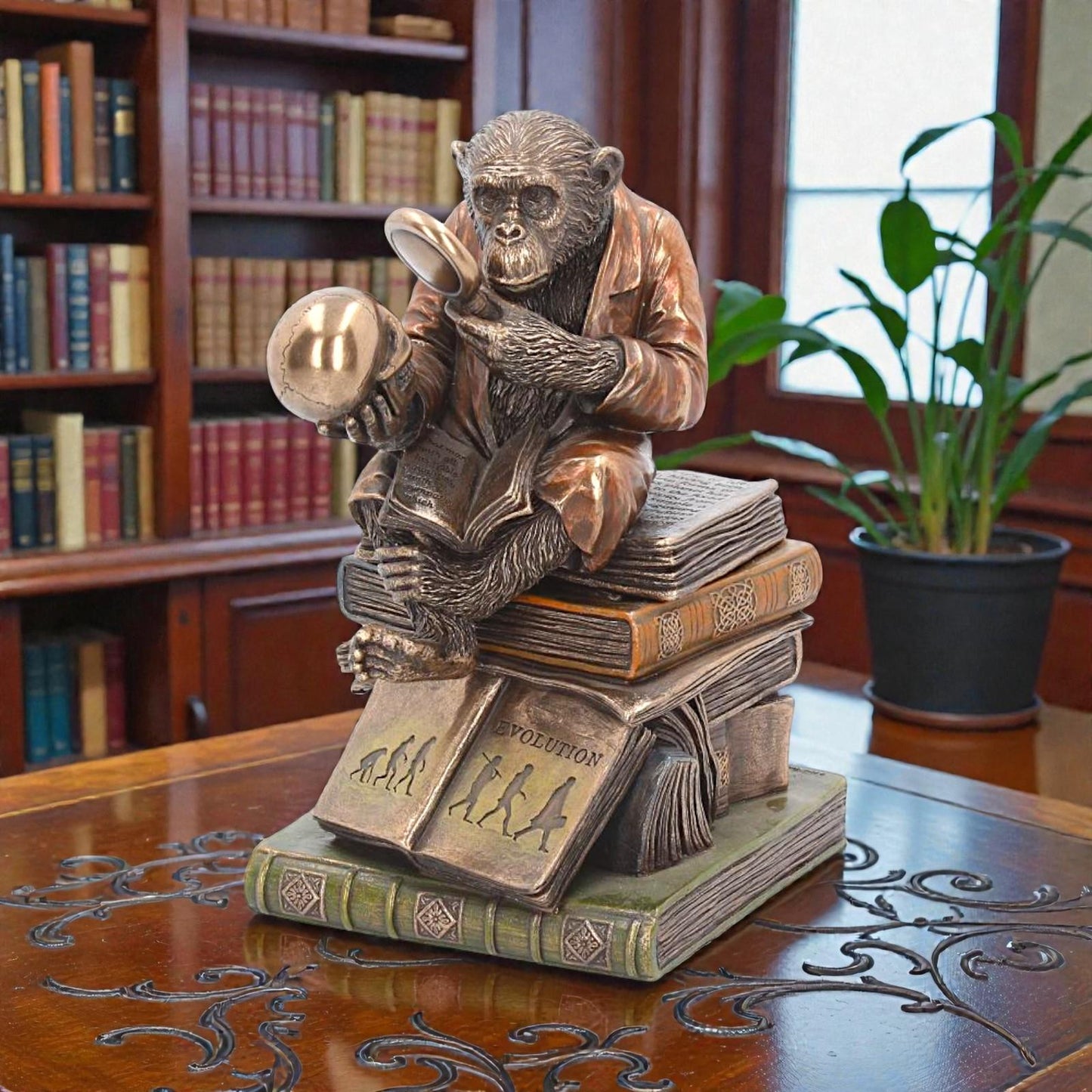 Evolution Theory Chimp Ornament Darwin Scholar Statue Bronze Scientific Display