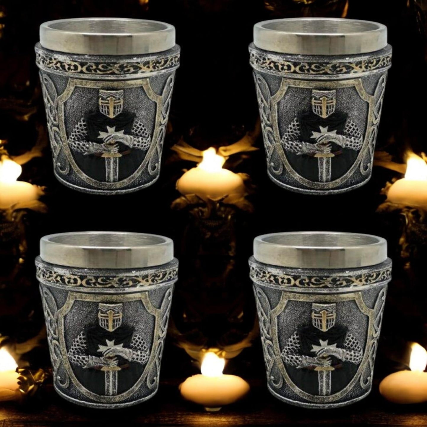 Gothic Shot Glasses Set of 4 - Medieval Tableware Decor Knights Templar Altar