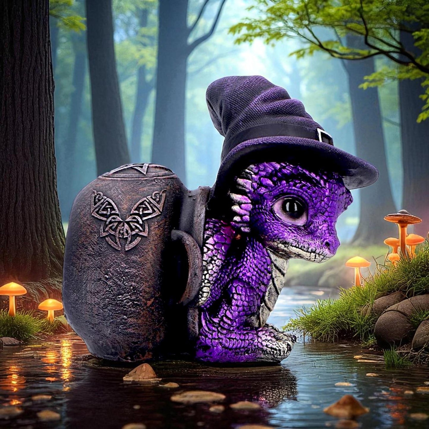 Whimsical Baby Dragon in Cauldron Gothic Witchcraft Fantasy Figurine Collectible