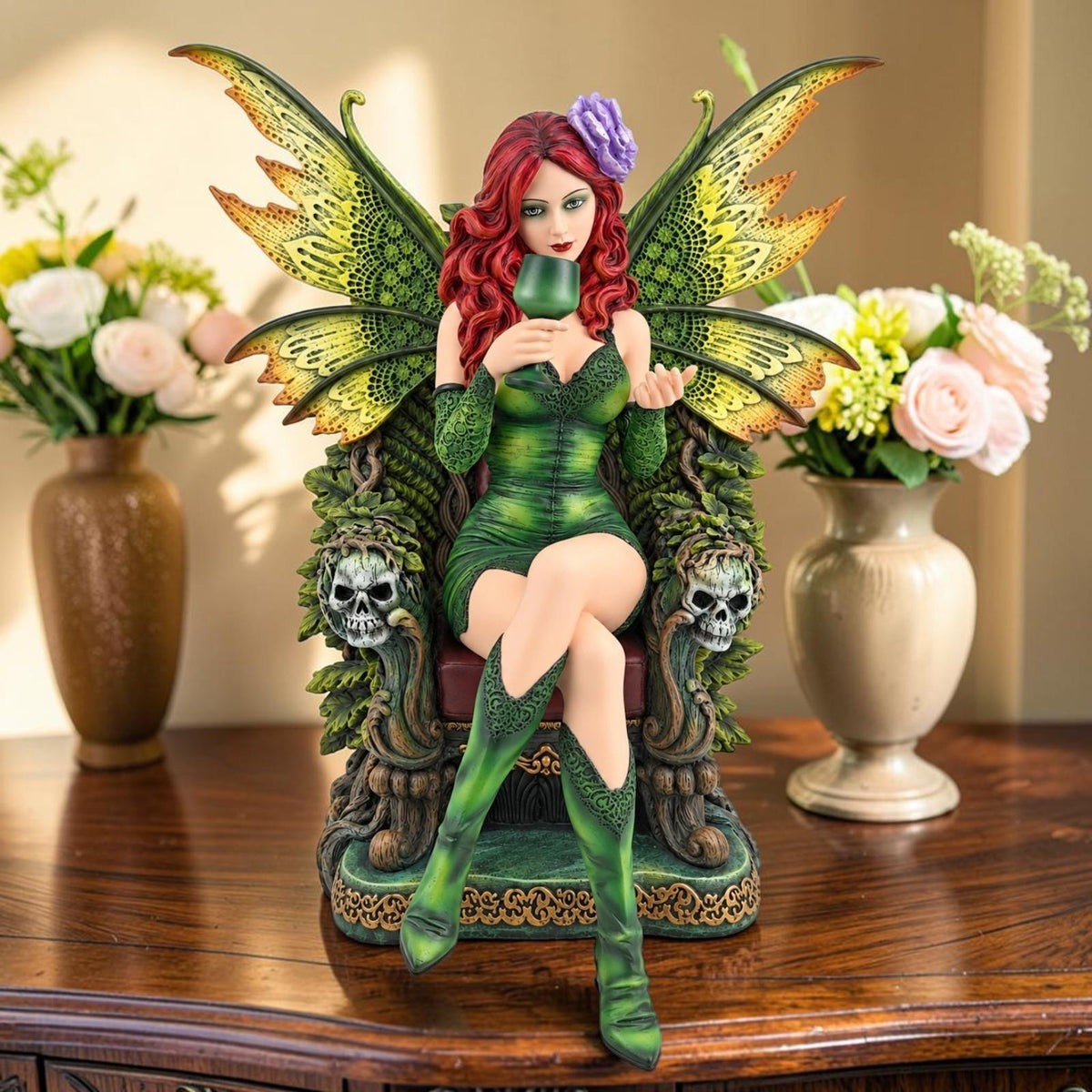 Gothic Emerald Fairy Statue Figurine Green Fantasy Throne Sculpture 46cm