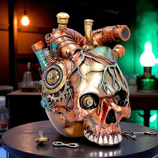 Steampunk Skull Heart Figurine Mechanical Gothic Ornament with Gears & Pipes