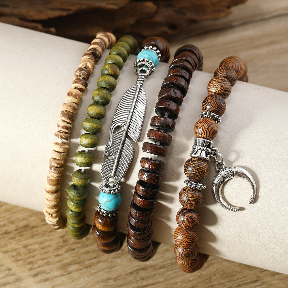 Simple Fashion Bohemian Feather Crescent Wooden Bead Bracelet