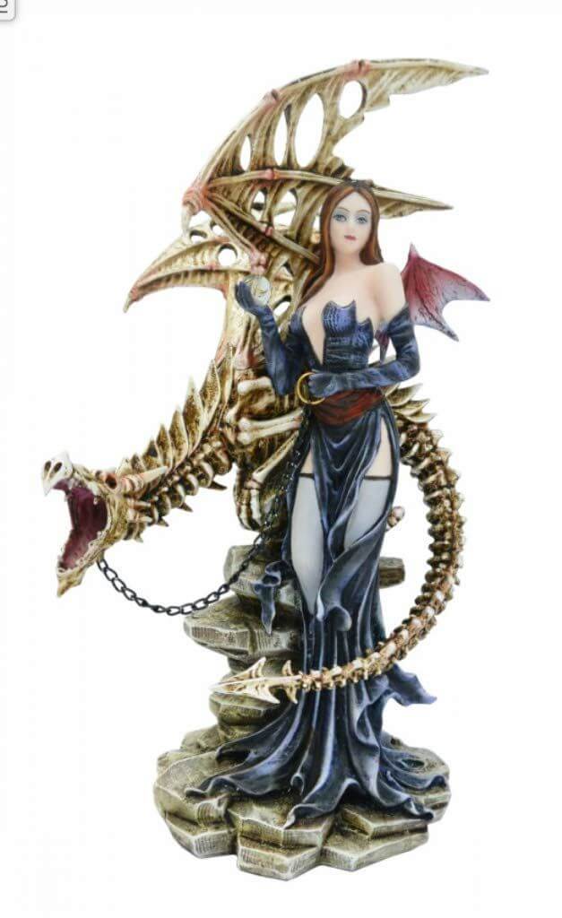 Gothic Woman with Dragon Skeleton Figurine | 27.5cm Resin Fantasy Decor