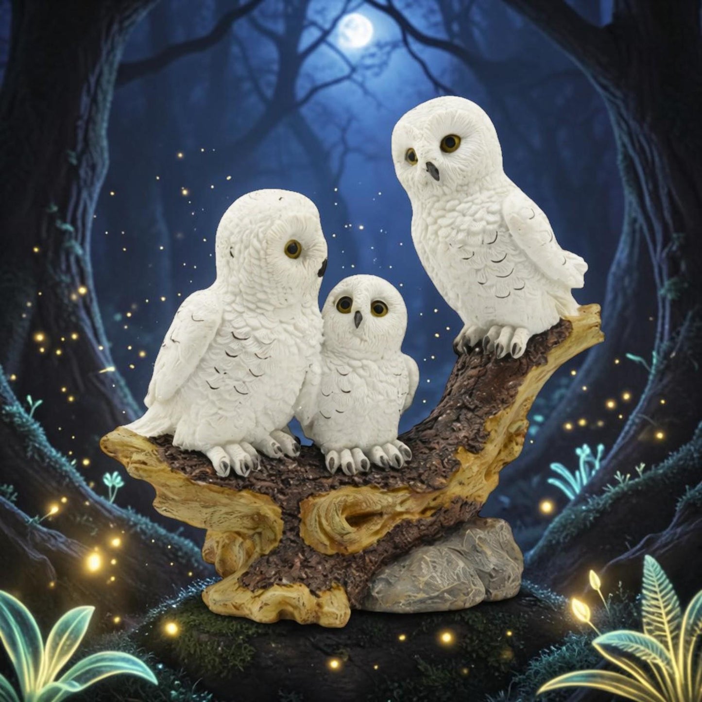 Snowy Owl Family Wildlife Resin Sculpture Woodland Nature Ornament Gift 17.5cm