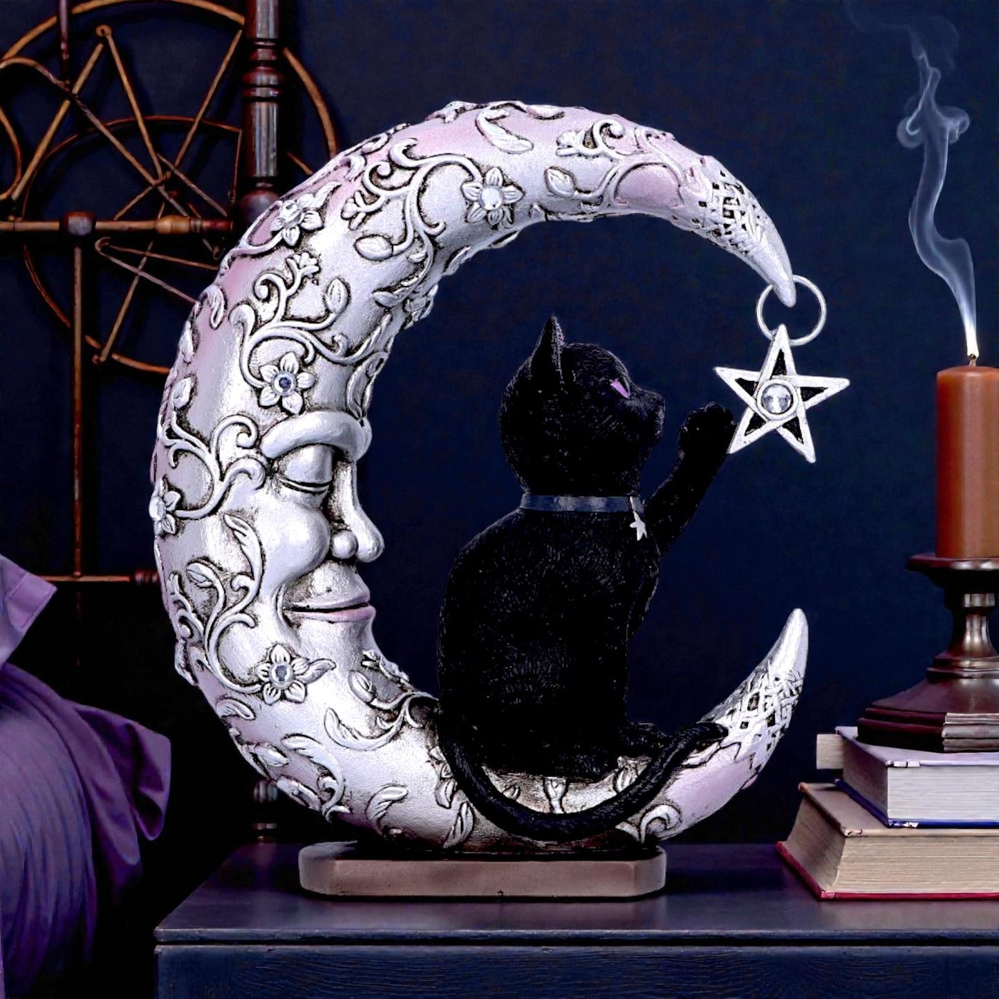 Celestial Moon and Cat Statue Enchanted Lunar Feline Ornament Witchy Decor