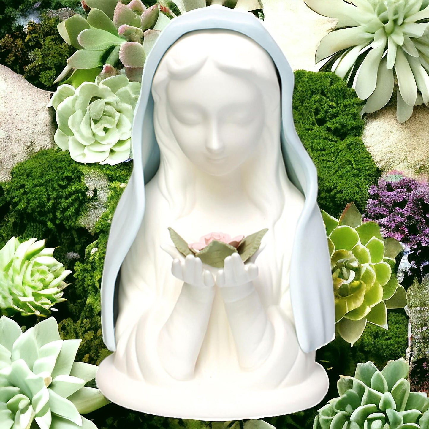 Ceramic Bust of Mary with Illuminating Light - Virgin Mary Mother of Jesus Statue - Religious Figurine Decor