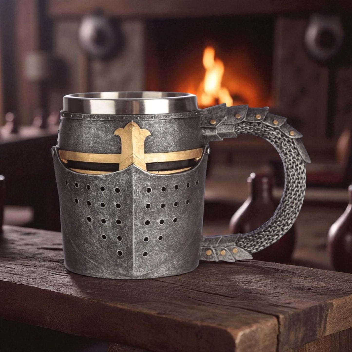 Medieval Knight Helmet Mug | Gothic Tankard with Stainless Steel Insert 11cm