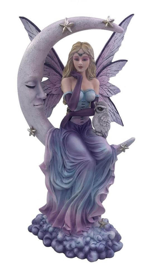 Celestial Purple Fairy Resin Figure Fantasy Statue with Owl and Crescent Moon