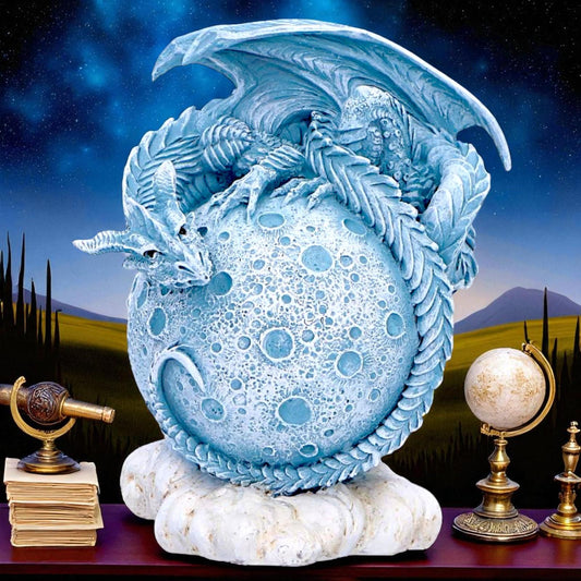 Lunar Moon Planet Fantasy Dragon Statue Gothic Celestial Figurine Mystical Art