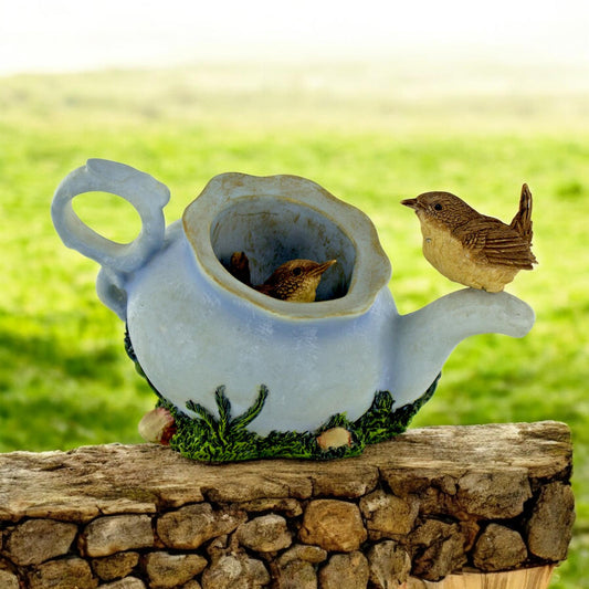 Charming Wrens in a Kettle Garden Ornament - Handcrafted Resin Bird Decor - Perfect for Nature Lovers!