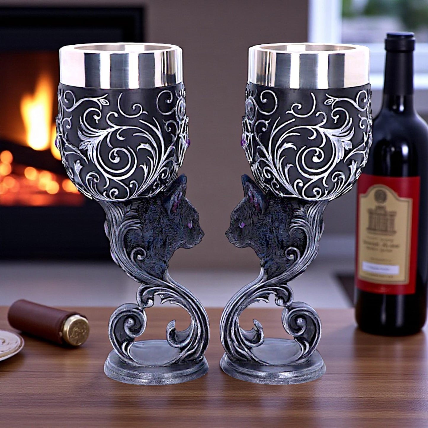 Twin Black Cat Goblets Familiars Gothic Chalice Set Wiccan Occult Wine Glasses