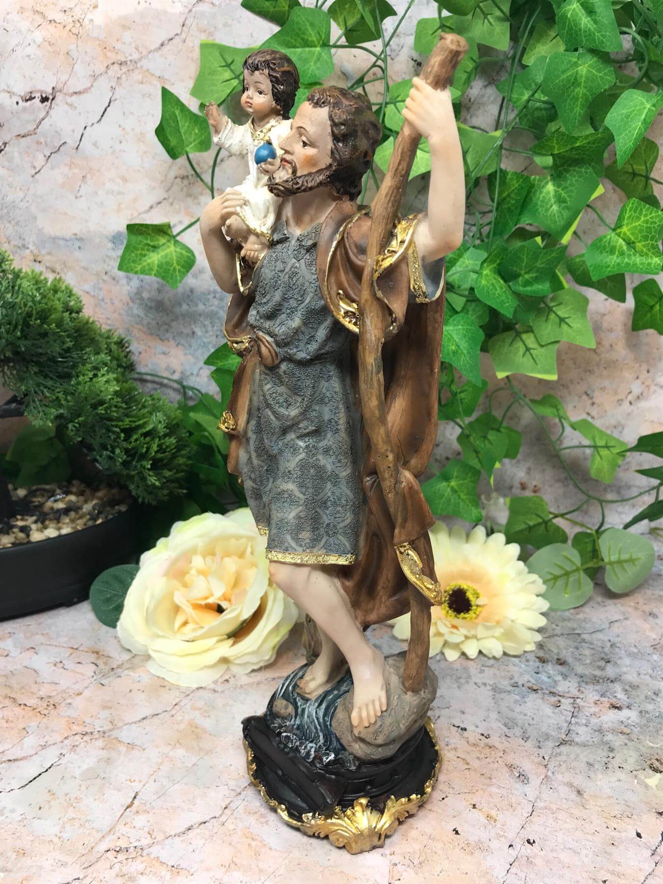 Statue of Saint Christopher and Baby Jesus Religious Ornament Figure Home Decor Sculpture for Home or Chapel-Osiris Craftworks