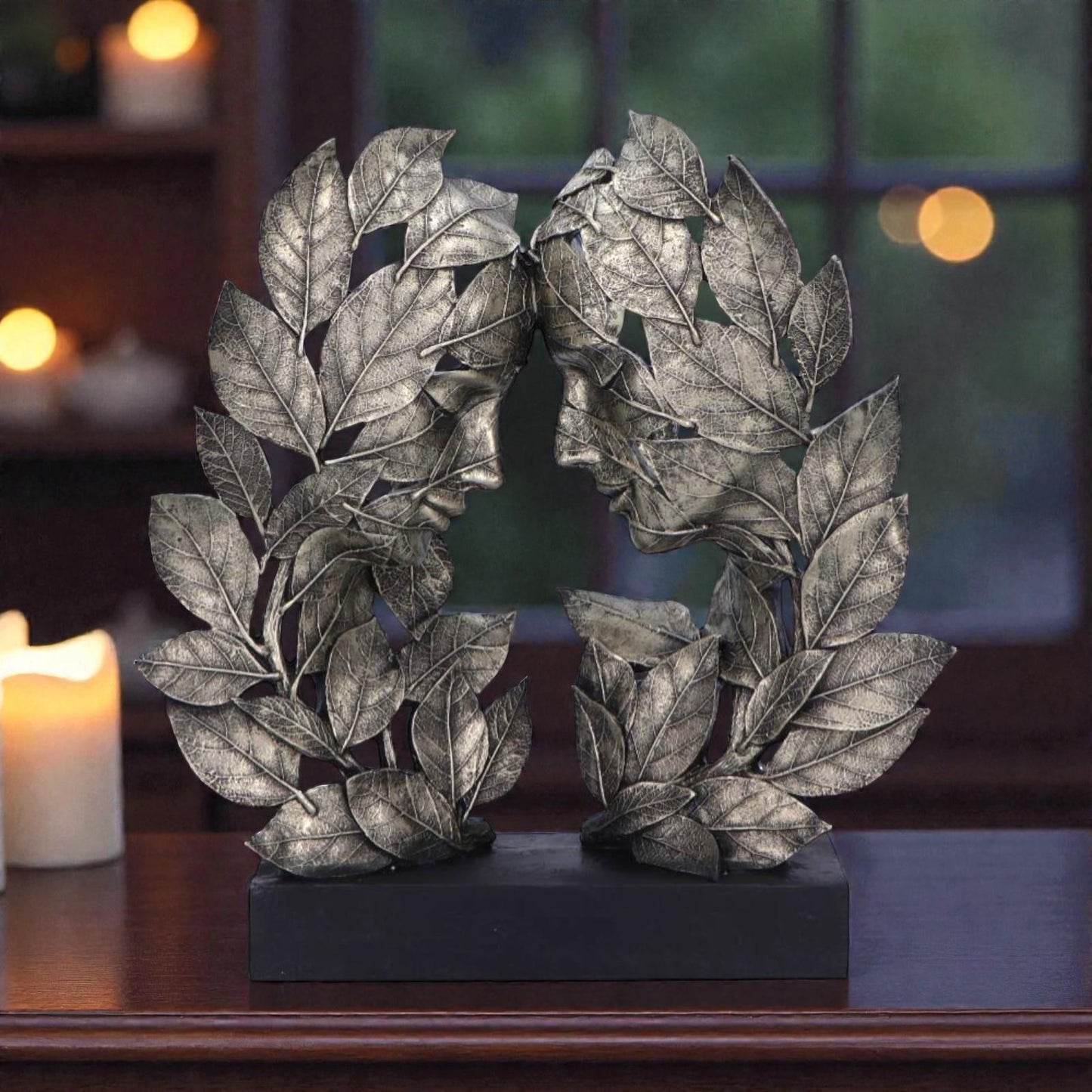 Silver Leaf Couple Face Statue Abstract Romantic Sculpture Decorative Art Figurine