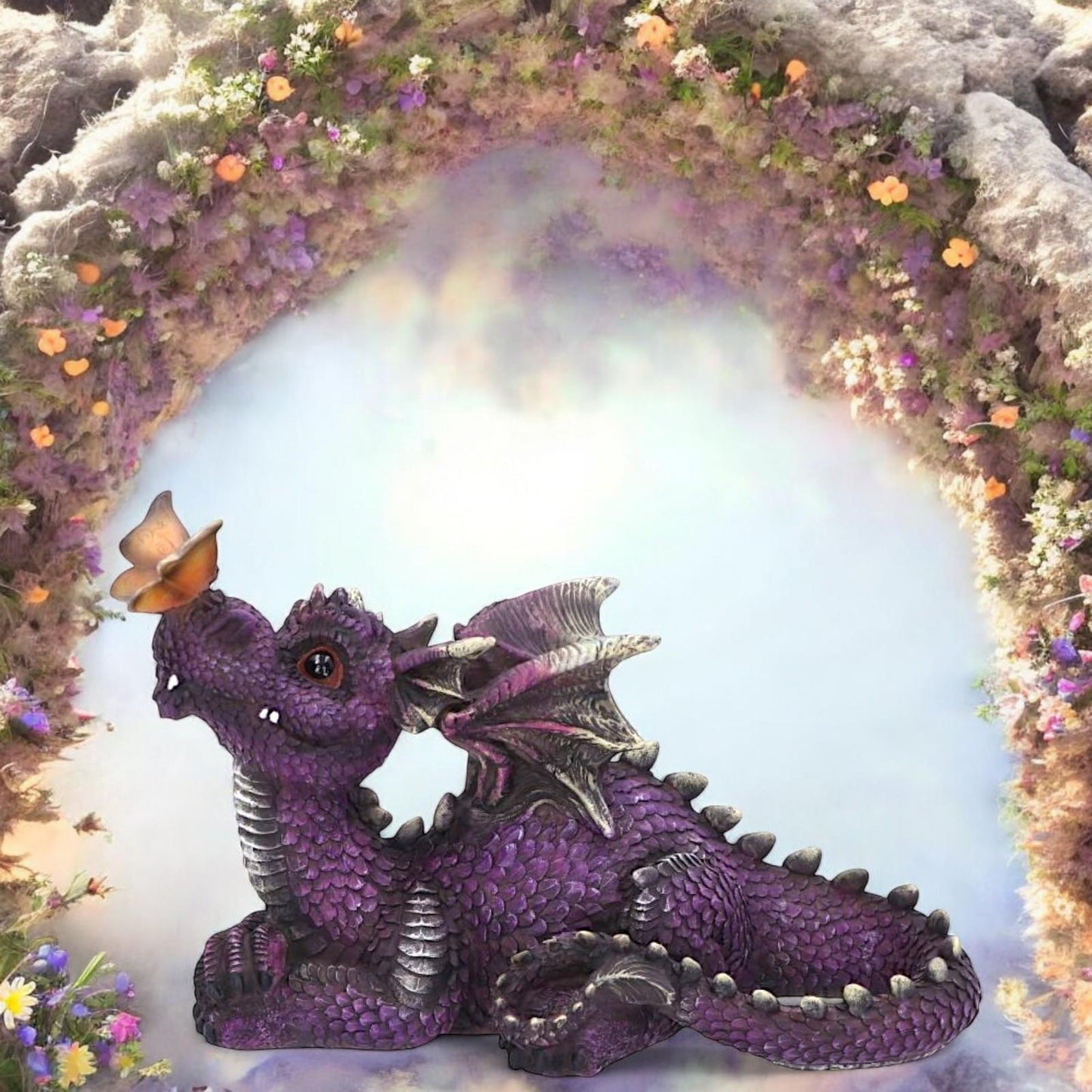 Purple Dragon & Butterfly Figurine Statue Ornament Sculpture 22cm Gift Boxed
