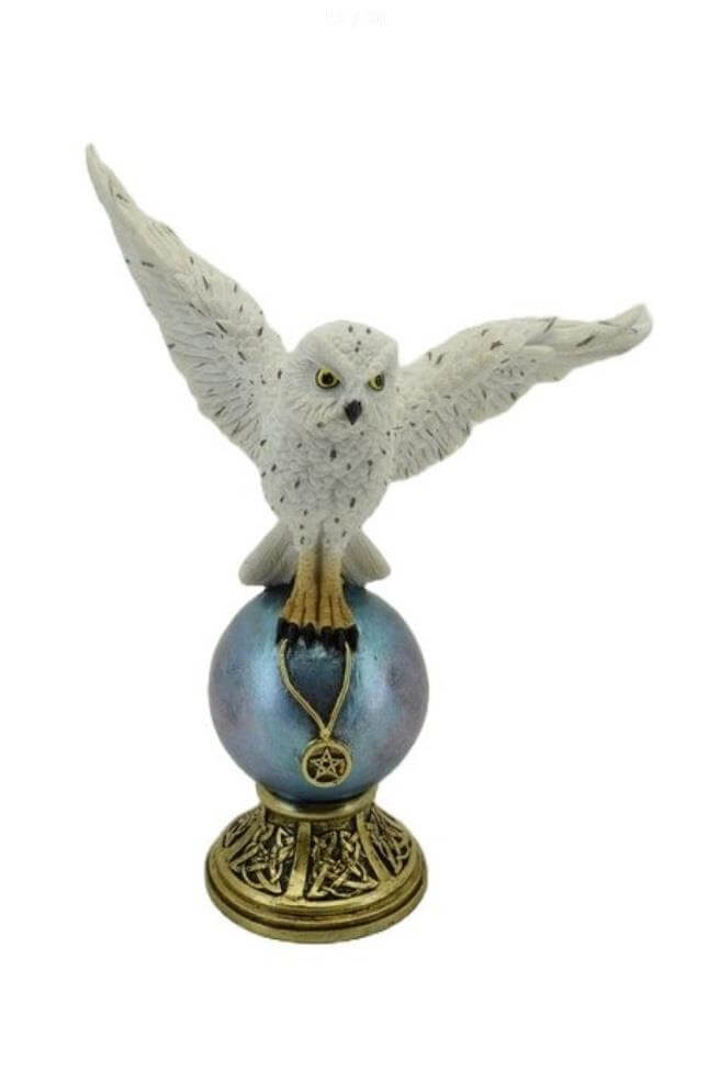 Mystical Snowy Owl on Crystal Ball Statue - Fantasy Decor - Resin Art Sculpture