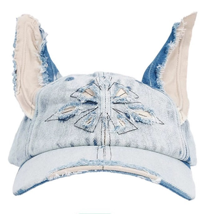 Waste Soil Wind Y2g Doberman Ear Baseball Cap Worn Looking Washed-out Denim