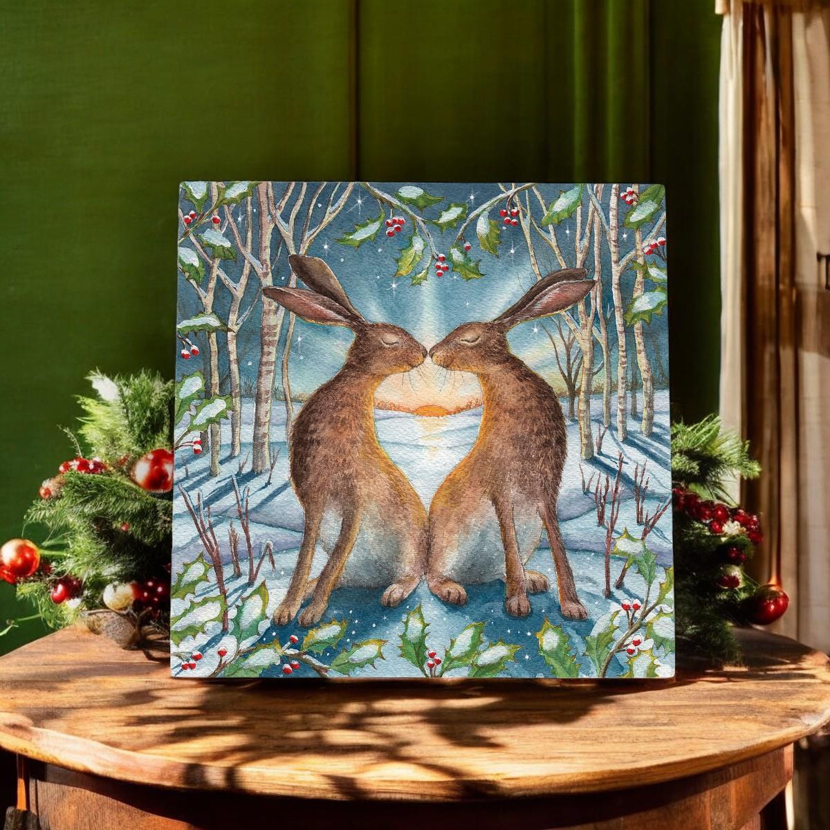 Loving The Yule Dawn Ceramic Art Tile by Wendy Andrew 20x20cm | Ready to Hang | Beautiful Winter Hare Artwork