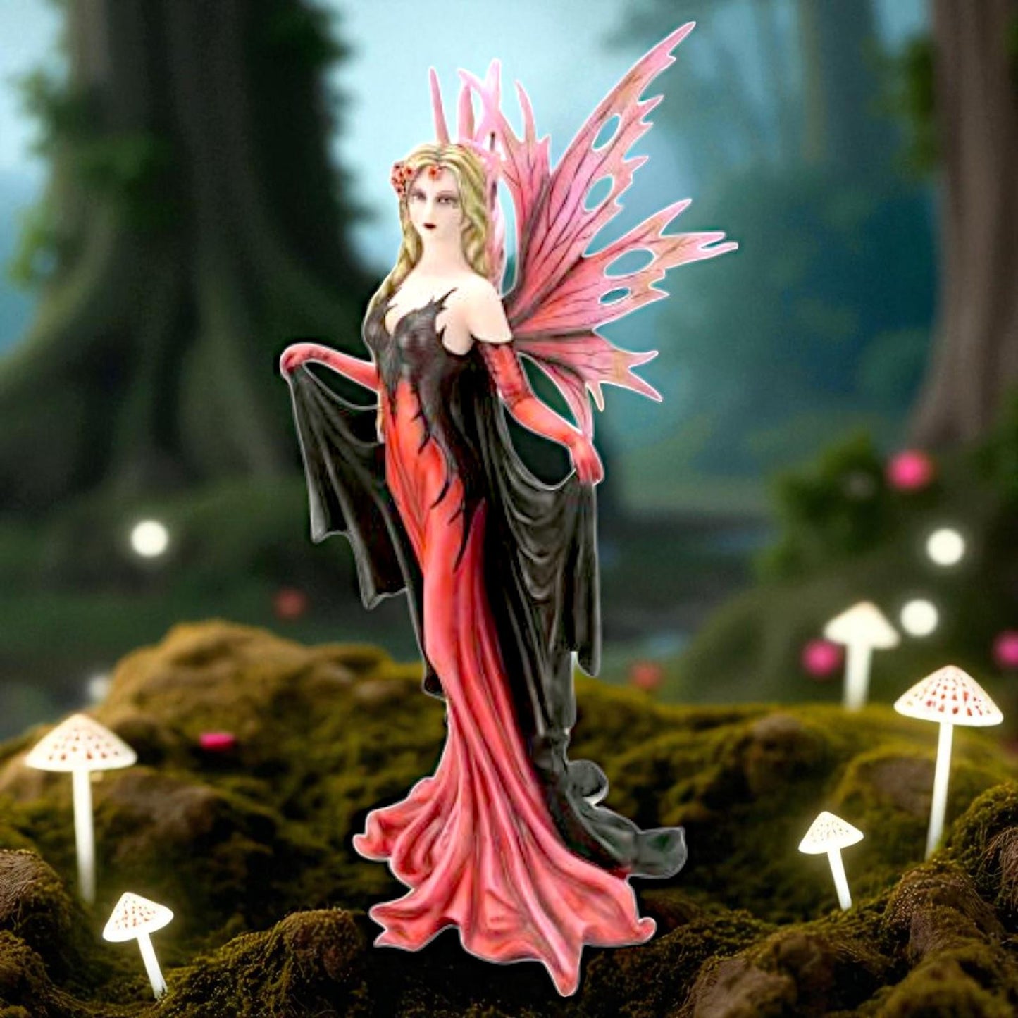 Gothic Fairy Figurine Pink Black Enchanted Wings Ornament Fantasy Resin Statue 55cm
