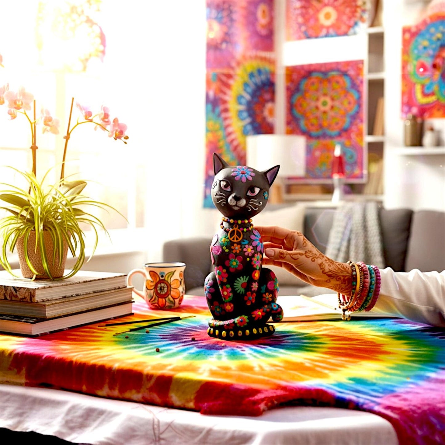 Boho Cat Ornament Colourful Hippy Kitty Figurine Funky Bohemian Animal Decor