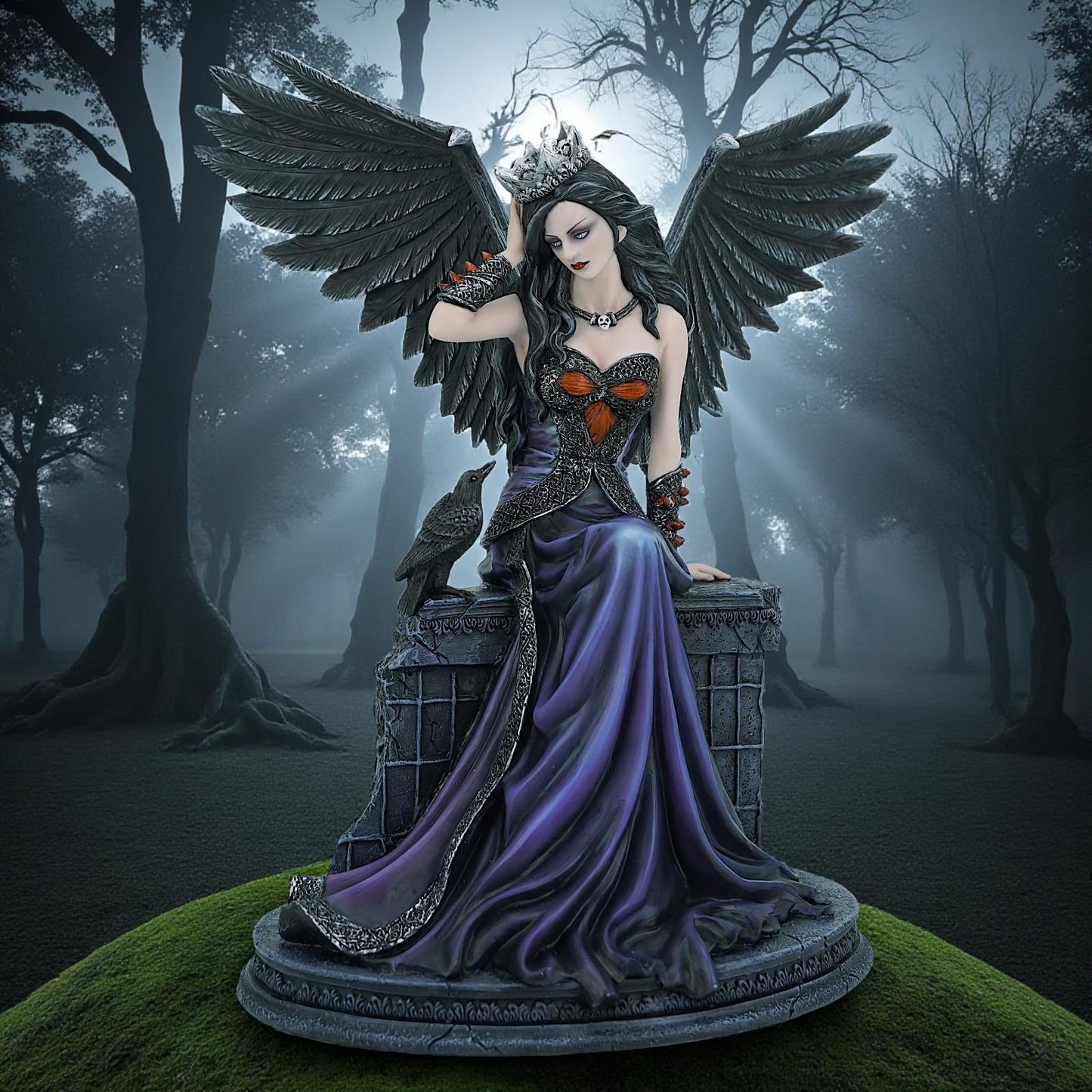Gothic Dark Angel Figurine with Crown Raven Resin Statue Fantasy Ornament 31cm