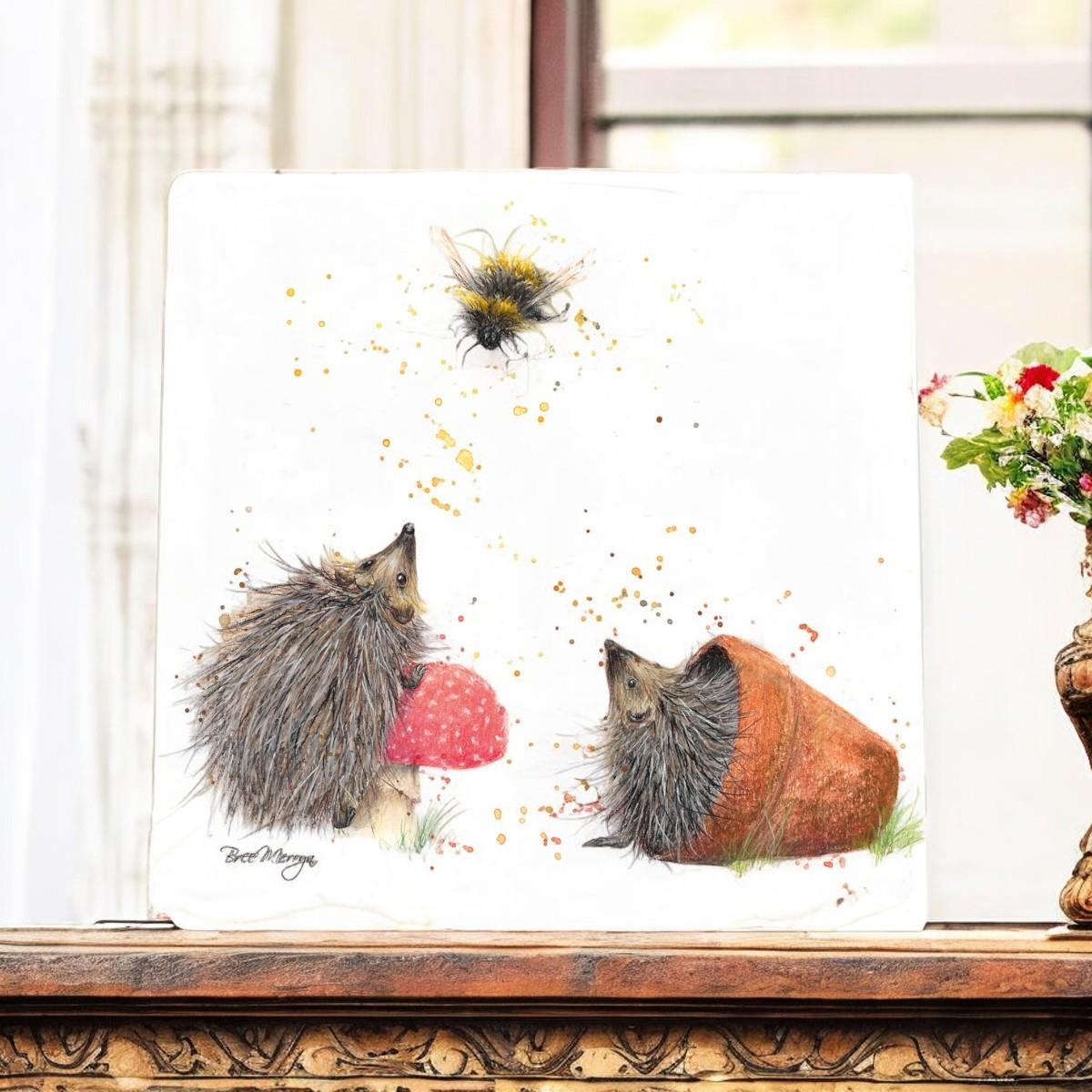 Brillo Barb & Bumble Ceramic Art Tile by Bree Merryn - 20x20 cm | Ready to Hang | Beautiful Hedgehog and Bee Design