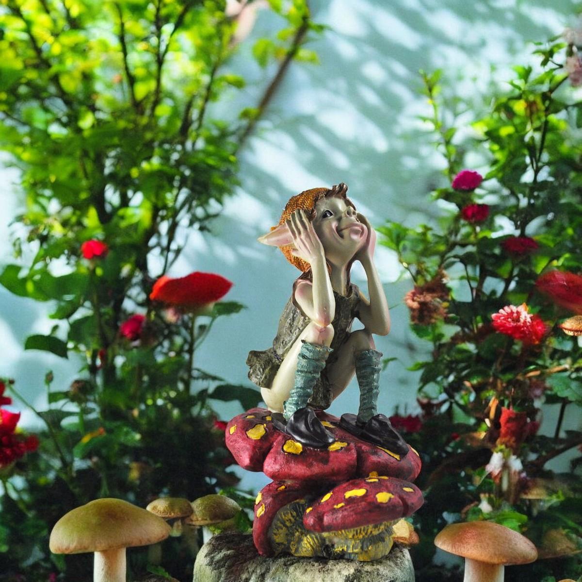 Pixie Thinking on Mushroom - Enchanting Green Garden Decor - Whimsical Elf Figurine - Fun Quirky Gift - 17.5cm Tall