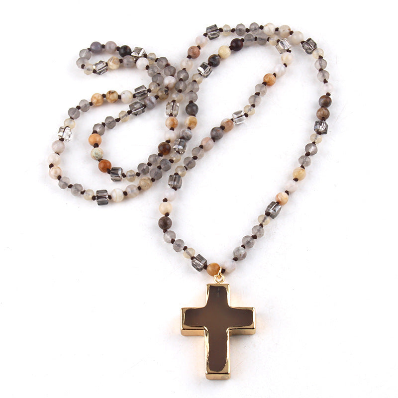 Fashion Bohemian Style Natural Stone Mixed Glass Cross Sweater Chain