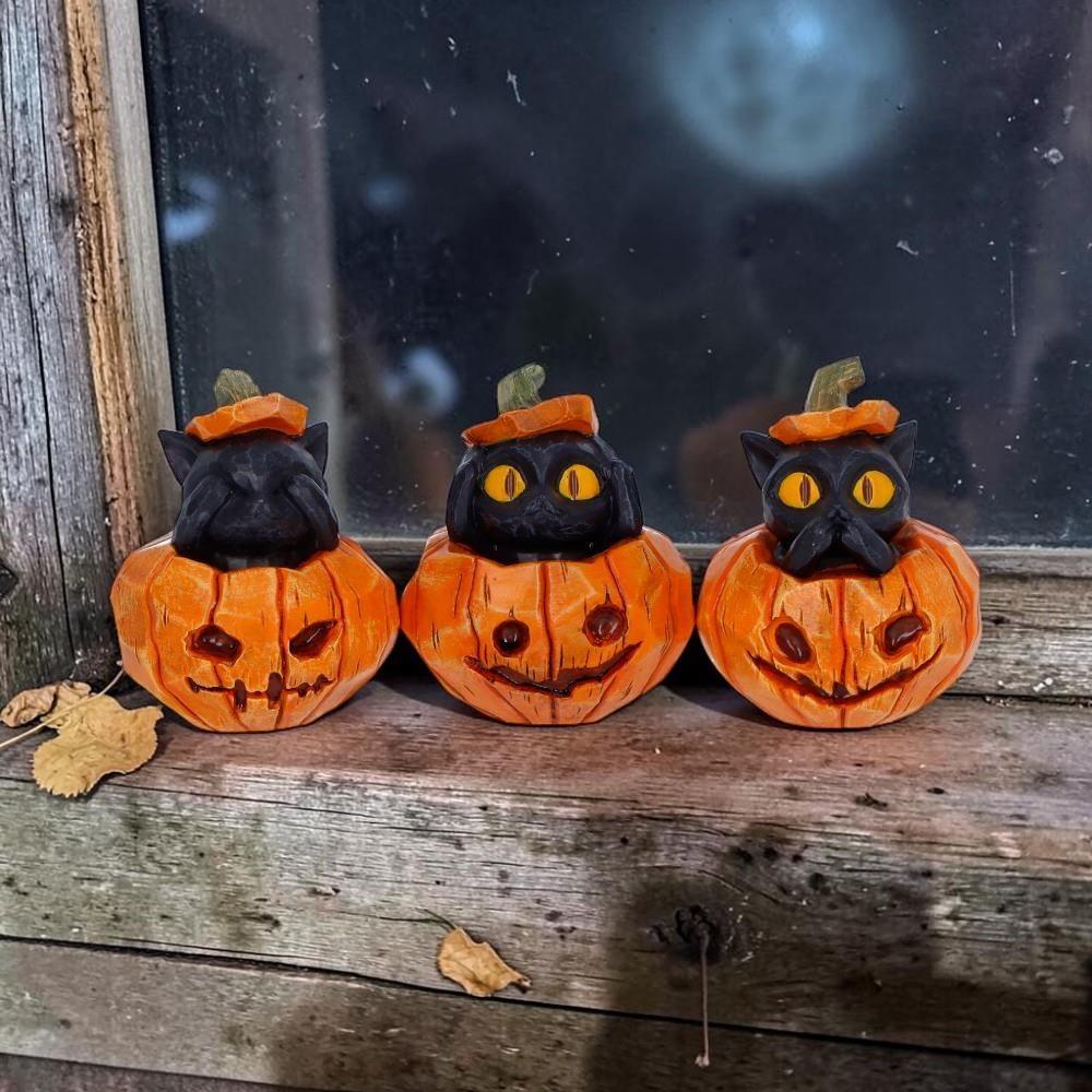 Black Cat Pumpkin Ornaments Set 3 See Hear Speak No Evil Gothic Halloween Figures