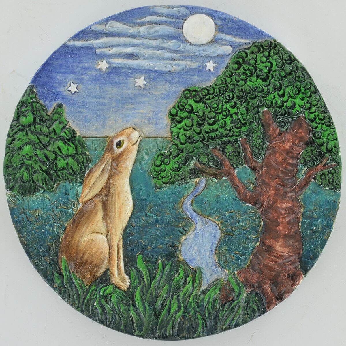 Set of 2 Moongazing Hare Concrete Circular Stepping Stone Garden Wall Plaque