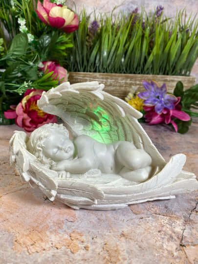 Angelic Resin Figurine with LED Light | Iridescent Angel Wings Décor | Serene Cherub Home & Meditation Space Accent-Osiris Craftworks