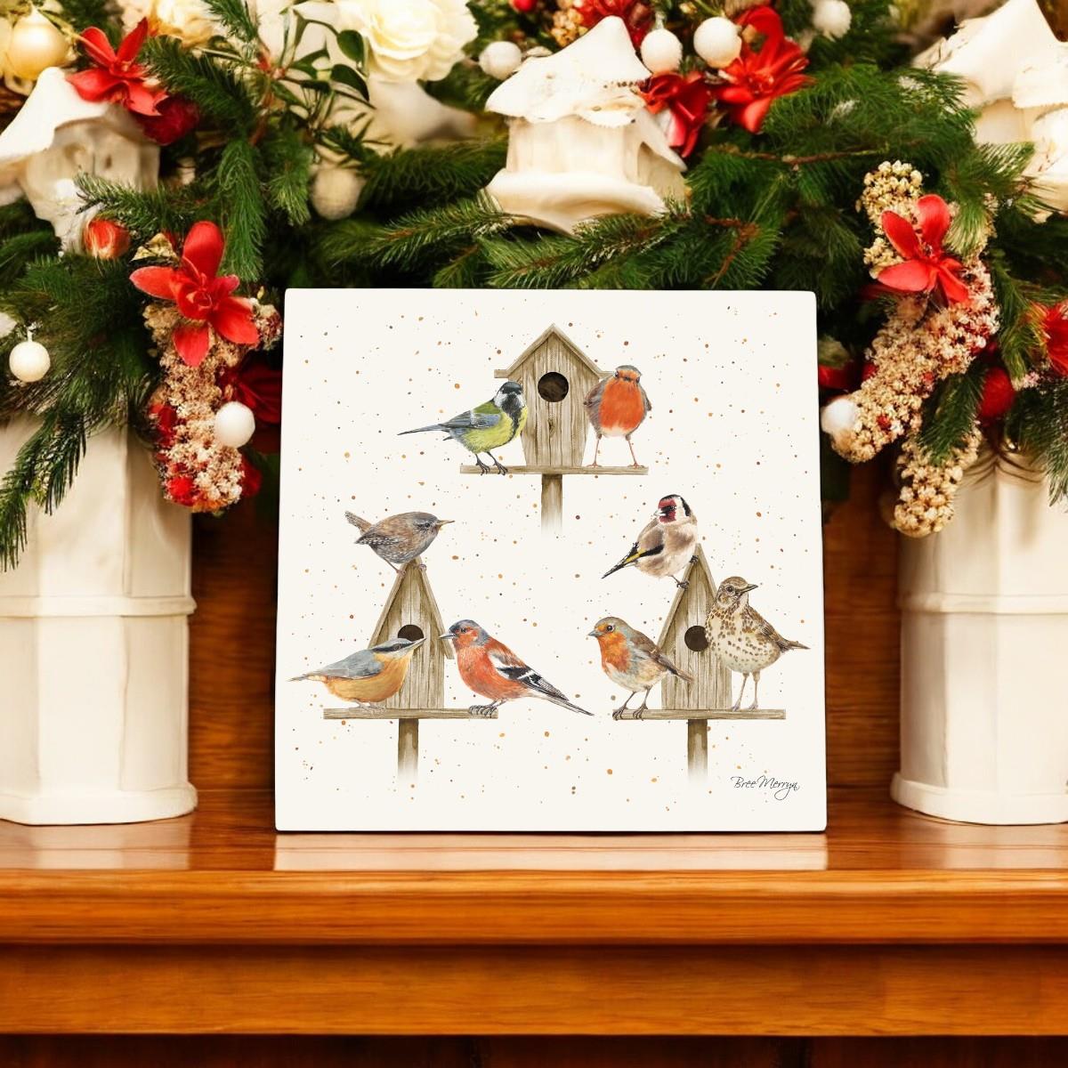 House Party Birds Ceramic Art Tile by Bree Merryn - 20x20 cm Wall Hanging - Decorative Birdhouse Tile - Boxed Gift"