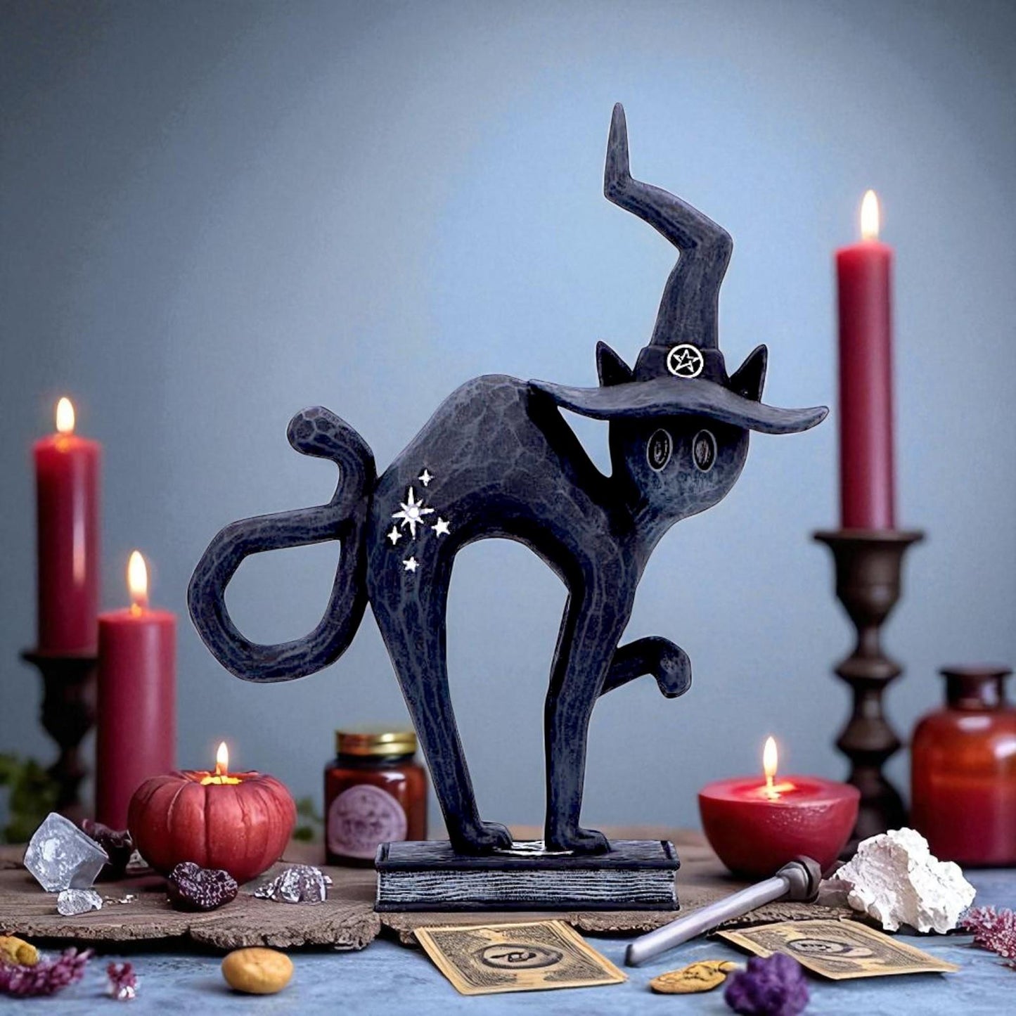 Witchy Black Cat Spell Figurine Gothic Statue Celestial Symbols Spooky occult Art