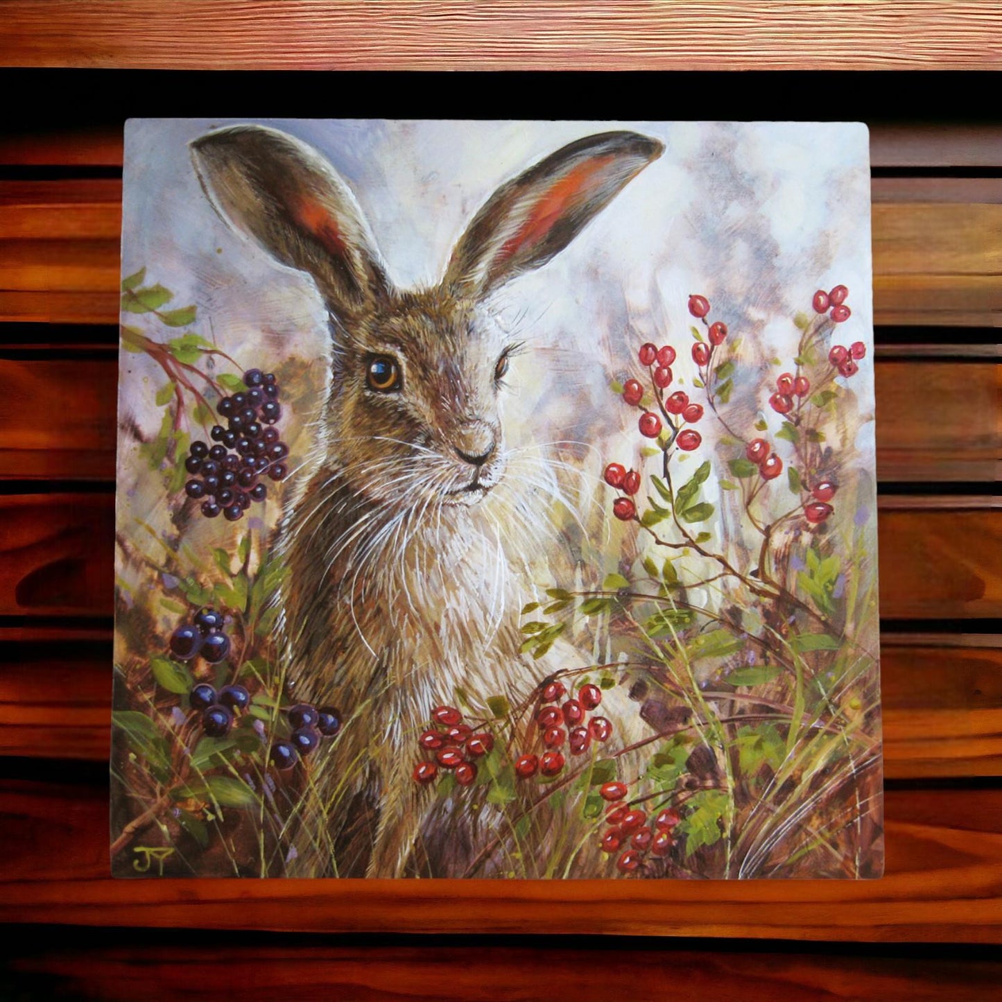 Judith Yates AUTUMN MISTS HARE Ceramic Art Tile 20x20 cm Wall Decor - Gift Boxed-Osiris Craftworks