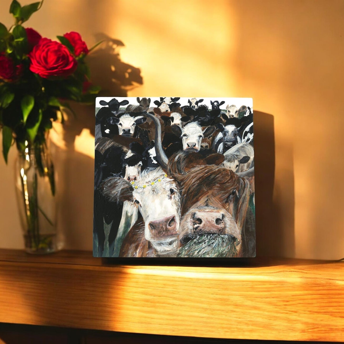 Cow Crowd Ceramic Art Tile by Pankhurst Gallery | 20x20 cm | Wall Hanging | Decorative Ceramic Tile | Boxed