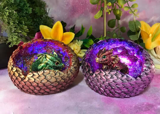 Magical Dragon Egg LED Light Sculptures - Enchanting Pair, Color-Changing, Handcrafted Resin Fantasy Statues, Home Decor Collectibles