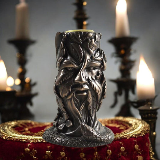 Wiccan Greenman Candle Holder - 9.2 cm Bronze Finish Pagan Decor, Nature Spirit Candle Holder